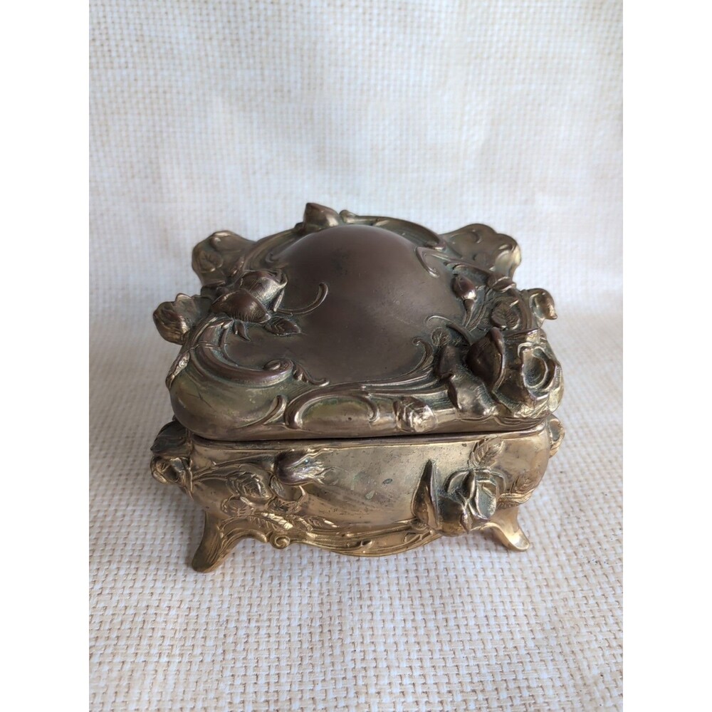 Antique Jewelry Casket Box Trinket Gold Metal Cast WB MFG CO Art Nouveau Heavy